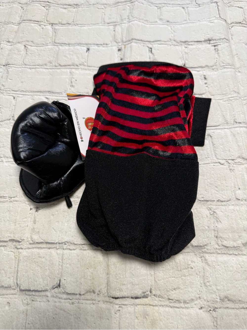 Pet Warrior Dog red and black shirt and black pants custome. Halloween costume.